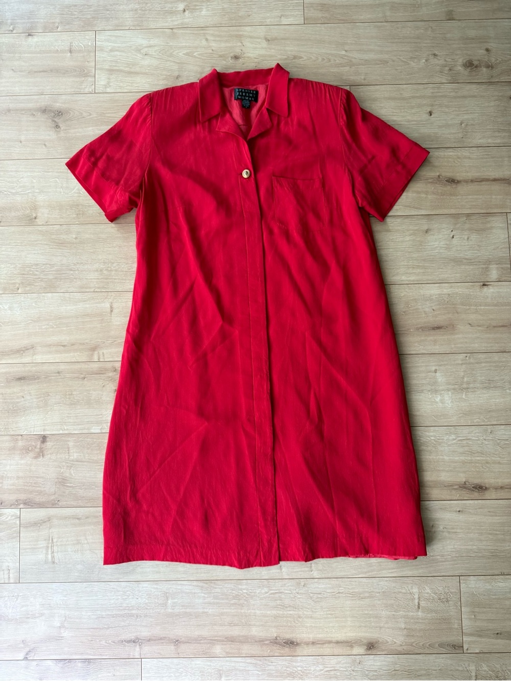 Vintage Red 100% Silk Midi Dress Minimalist Shirt Dress Shoulder Pad 16